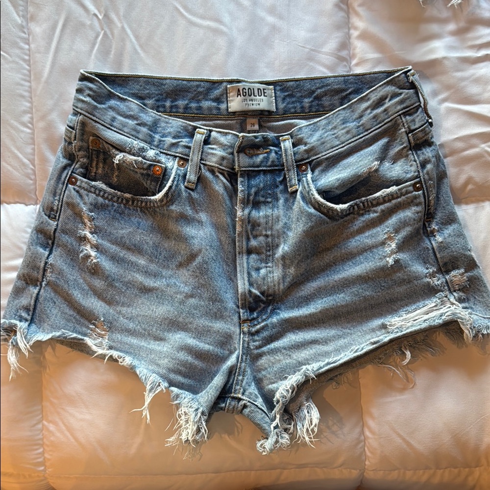Agolde Blue Distressed Jean Shorts High-Waisted Buttonfly Size 26 Cutoffs